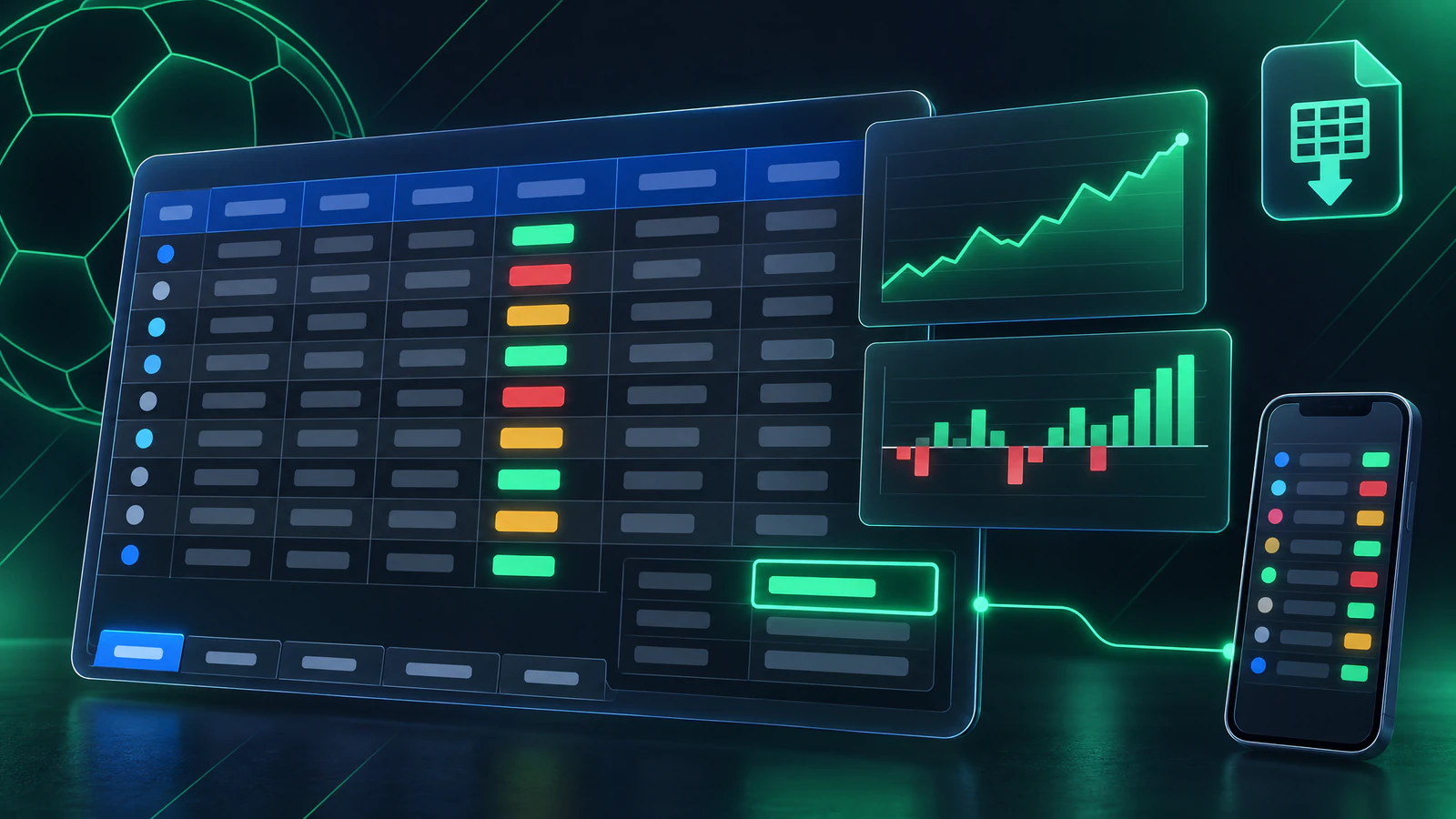 A bet tracking spreadsheet with coloured statuses, a highlighted net result, two charts and a linked phone